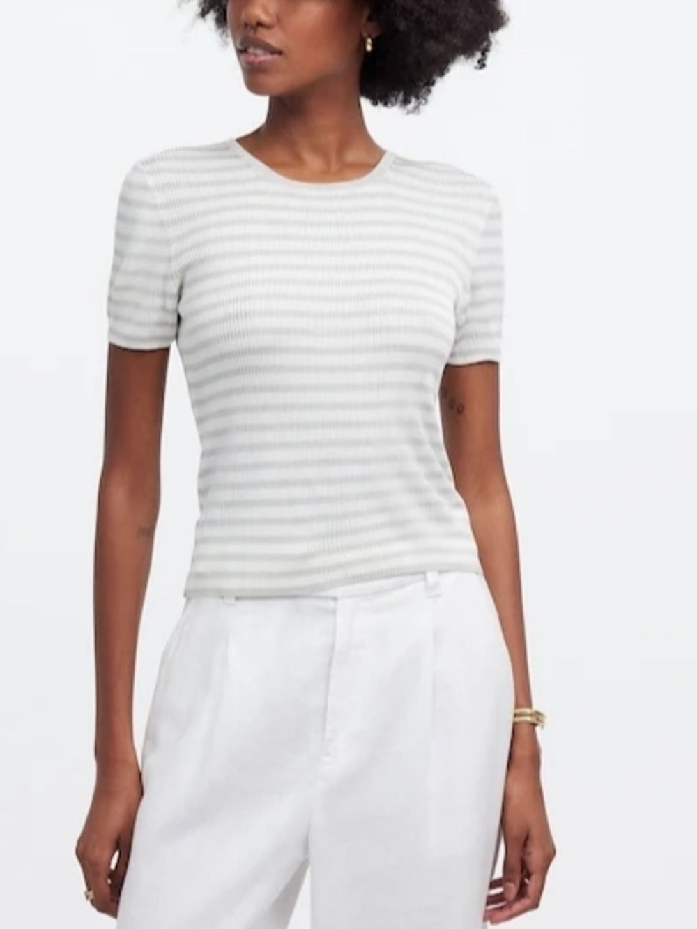 Madewell Womens Monument White Micro Ribbed Short Sleeve Sweater Tee Size XXS